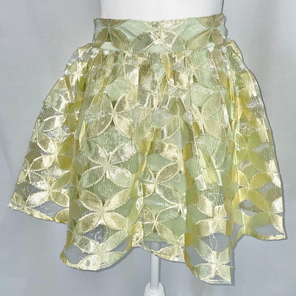 New LoveRiche Embroidered Sheer Overlay Full Mini Skirt Metallic Lime Size Large - Picture 7 of 12